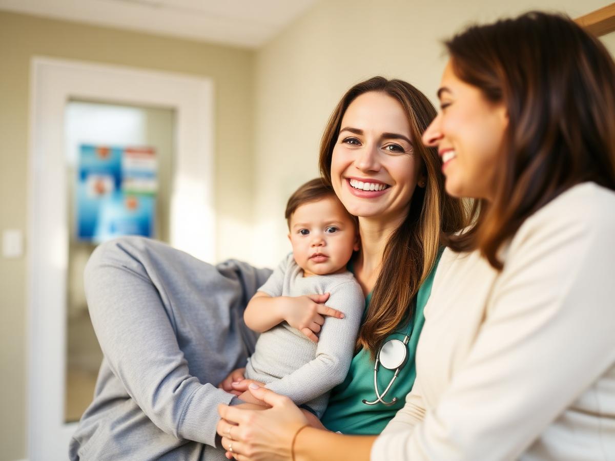 Profissional de saúde sorrindo ao atender uma família na clínica